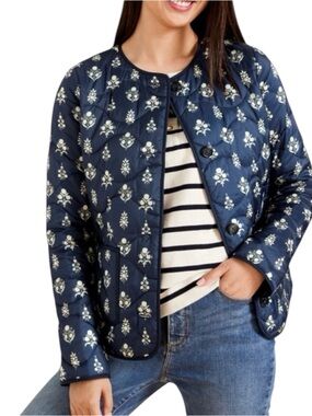 TALBOTS  Quilted Collarless Jacket in Ditsey Foulard Navy/White Size 1X